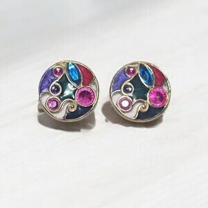 Abstract Enamel Rhinestone Clip On Earrings Gold Tone Jewel Tone Wearable Art